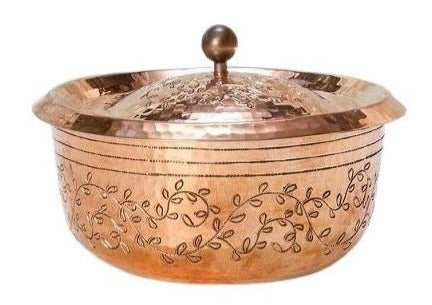 Hammered copper cocotte with leaves by Amoretti Brothers
