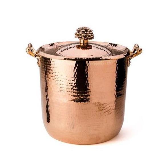 Hammered Copper Stock Pot "Flower" - Amoretti Brothers brass handles
